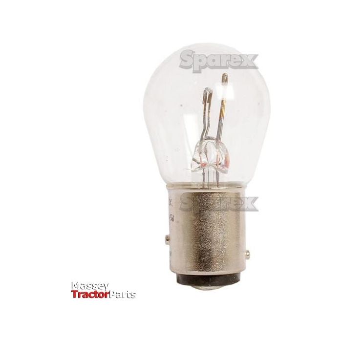 A clear glass Halogen automotive light bulb with a metal base featuring a standard socket connection, operating at 12V, 5W. The bulb is labeled as Light Bulb (Halogen) P21/5W, 12V, 5W, BAY15d from Sparex (Part No. S.53251) and comes in a box of 10 pieces. "Massey TractorParts" and "Sparex" are printed in the background.