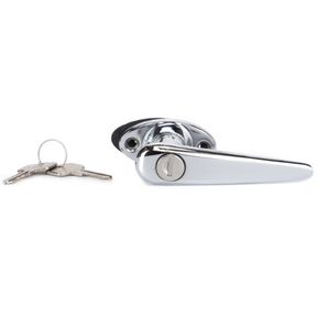 A Massey Ferguson - Outer Door Handle 500srs - 1877159M92 by AGCO, featuring a chrome finish and integrated lock mechanism, is displayed on a white background. Beside it, two metal keys lie, echoing the rugged durability synonymous with Massey Ferguson machinery.