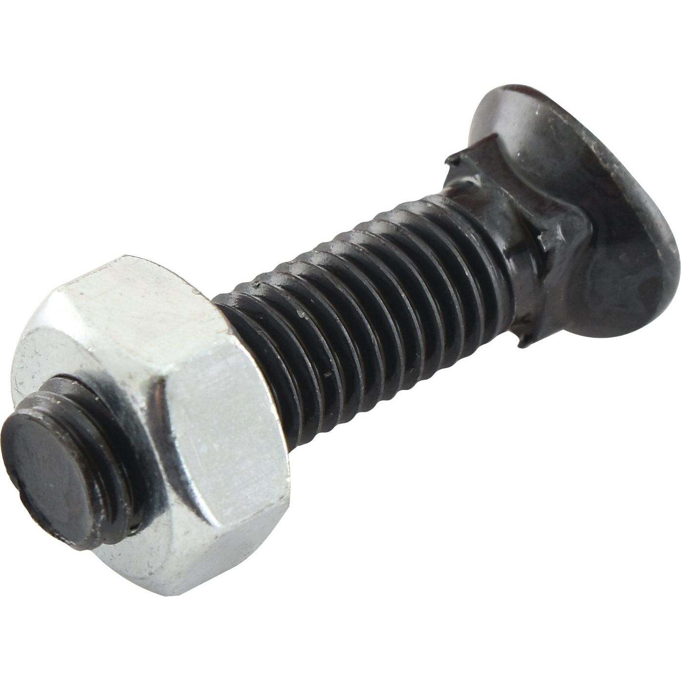 A black Oval Head Bolt Square Collar With Nut (TOCC) - M10 x 45mm, featuring a rounded head with a square neck and threading on the shaft, perfect for Universal Tractors or Vaderstad S Tine Points. This product, with tensile strength 8.8 and sold in boxes of 25 pieces, is available under Sparex Part No.S.77116 from the brand Sparex.