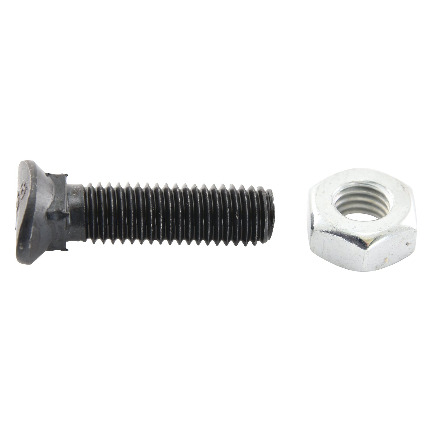 An Oval Head Bolt Square Collar with Nut (TOCC) by Sparex, M10 x 45mm with a tensile strength of 8.8, is placed side by side against a white background.