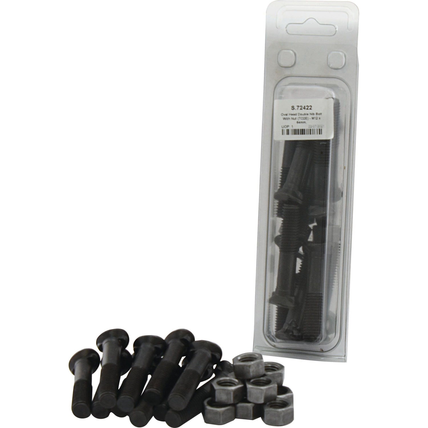 A pack of Oval Head Double Nib Bolts with Nuts (TO2E) - M12 x 64mm, including some bolts and nuts displayed outside a plastic packaging, from Sparex with a tensile strength of 10.9 (25 pcs per Agripak) | Sparex Part No. S.72422