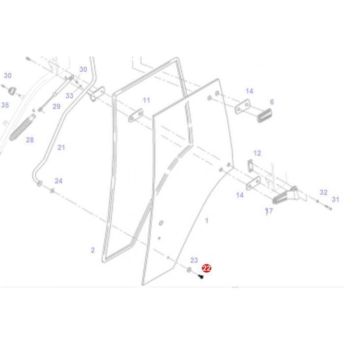 Diagram illustrating the assembly of a windshield for Fendt Models, featuring several numbered components and parts list references. Component 22, secured by an Fendt - Oval Head Screw - ACW1325570 from AGCO, is highlighted.