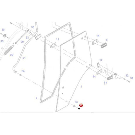 Diagram illustrating the assembly of a windshield for Fendt Models, featuring several numbered components and parts list references. Component 22, secured by an Fendt - Oval Head Screw - ACW1325570 from AGCO, is highlighted.