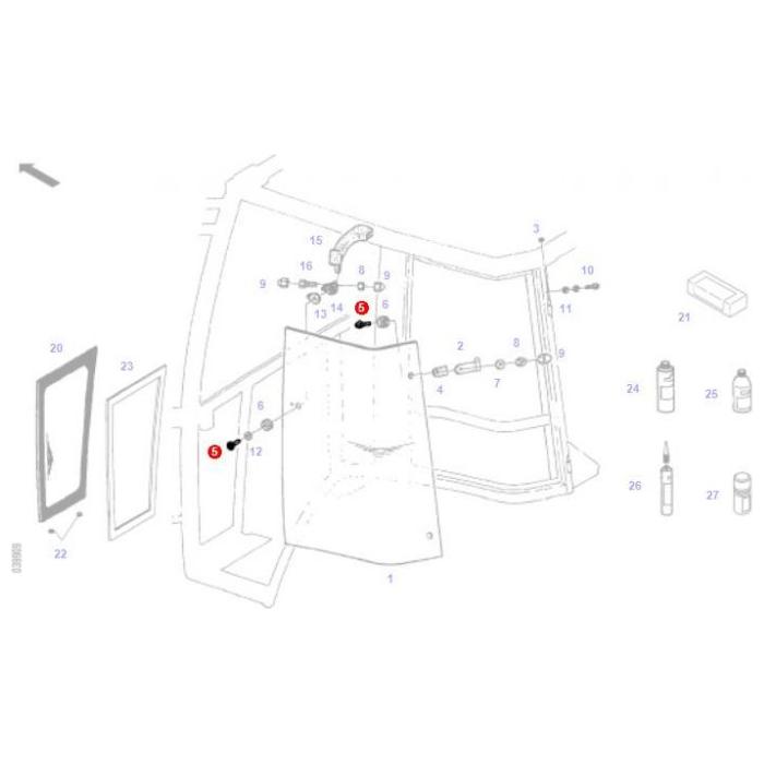 A technical diagram of a vehicle door assembly for Fendt Models, illustrating various numbered components and their placements, including bolts, AGCO's Oval Head Screw (Product: ACW1325570), and window parts.