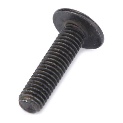 A close-up view of the Fendt - Oval Head Screw - ACW1325570 by AGCO, showcasing its single, black metal design with a threaded body placed against a white background.