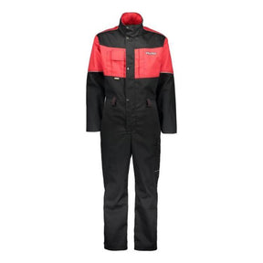 The AGCO Valtra V4280500 full-body work overalls in red and black feature multipurpose pockets, reflective details, a high collar, and a front zipper closure.