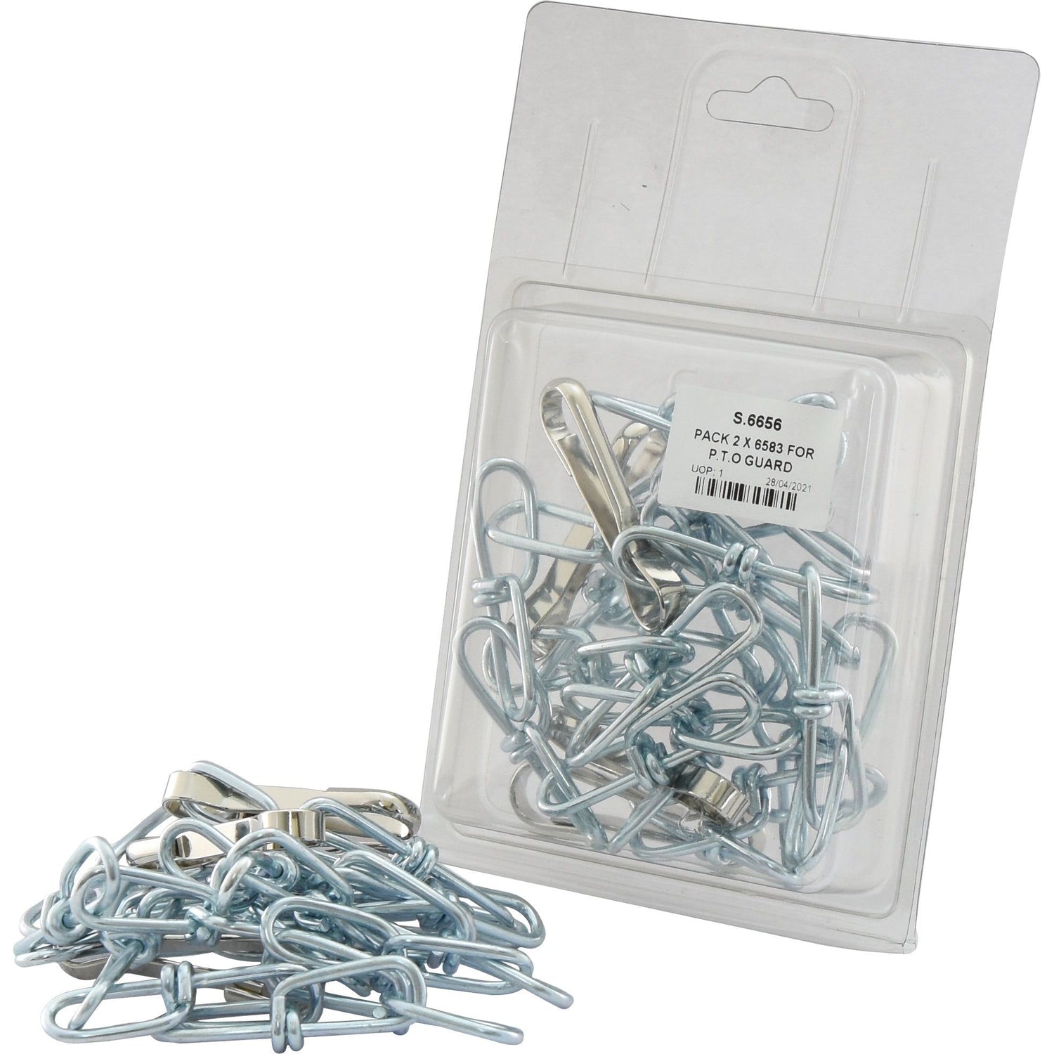 A pack of silver metal S-hooks by Sparex (Sparex Part No.S.6656) labeled as PACK 2 X 6583 FOR P.T.O GUARD, contained in a plastic container, with a few S-hooks scattered outside.