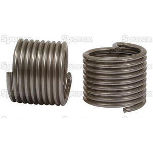 Two metallic helical thread inserts from Sparex are shown, one standing upright and the other lying on its side. Each coil has a uniform cylindrical shape with a small gap at the end, typical of the Metric Coarse 8 x 1.25 size offered under Sparex Part No.S.19971.