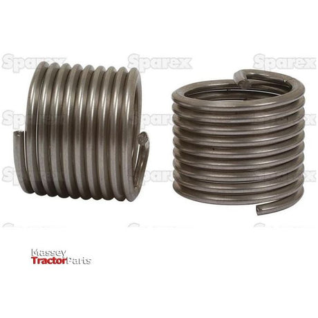 An image showcasing two coiled metal springs against a white background, with "Sparex" and "Massey Tractor Parts" watermarked onto the picture. These springs are part of the Sparex Part No.S.19985 set, which includes five metric medium inserts sized 14 x 1.50—ideal for applications requiring this specific thread type and compatible with a 14.25mm drill size.
