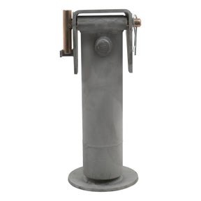The Sparex PARKING JACK-5T HYDRAULIC - S.2338 is a steel cylindrical bracket with a round base and a hinged top component, capable of handling a maximum static load of 5670kg.