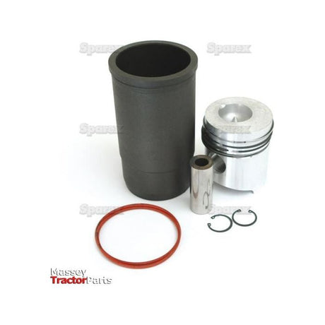 A tractor engine overhaul kit labeled as "Piston Ring and Liner Kit" with Sparex Part No.S.37710 includes a 95 mm bore cylinder liner, piston, piston pin, two retaining clips, and an O-ring, featuring the "Massey Tractor Parts" and "Sparex" logos.