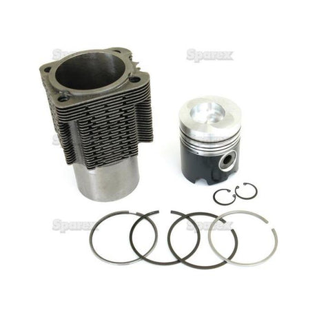 A metal piston, cylinder block, piston rings, and circlips are arranged on a white background. This Sparex Piston Ring and Liner Kit (Sparex Part No.S.37785) is Deutz-Fahr compatible and features a bore of 102 mm for optimal performance.