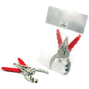 Two red-handled PLIERS-PISTON RING 50-100MM tools from Sparex (Part No. S.14917) are shown. One tool is out of its packaging, while the other is enclosed in a clear plastic bag with a gray top and barcode, designed for ring breakage prevention.
