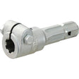 The Sparex PTO Adaptor - Female spline 1 1/8'' - 6 x Male spline 1 3/8'' - 6 with Clamp Bolt (S.15721) is a silver metal pipe fitting featuring a hexagonal bolt and grooved cylindrical body, specifically designed for joining two sections of pipe together, making it ideal for standard duty PTO applications.