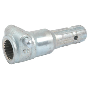 The Sparex PTO Adaptor - Female spline 1 3/8'' - 21 x Male spline 1 3/8'' - 6 with Quick Release Pin (S.15865) is a heavy-duty cylindrical metal splined shaft coupling, featuring both external and internal gear-like ridges for secure mechanical connections, and includes a quick release pin for easy assembly.