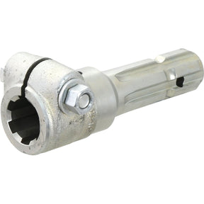 A close-up of the Sparex PTO Adaptor - Female spline 1 3/8'' - 6 x Male spline 1 3/8'' - 6 with Clamp Bolt (S.3741), showcasing its hexagonal socket, bolt, and smooth cylindrical shaft designed for mechanical applications, featuring a Standard Duty design.