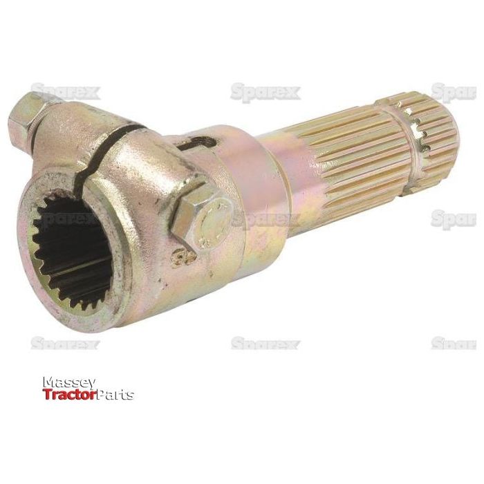 Close-up of a metal tractor part featuring a spline shaft and a yoke, compatible with PTO adapters for up to 70HP standard duty applications. Logos for "Sparex" and "Massey Tractor Parts" are visible on the image. The specific product shown is the Sparex PTO Adaptor - Female spline 1 3/8'' - 21 x Male spline 1 3/8'' - 21 with Clamp Bolt (S.3744).