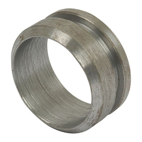 The PTO BEARING-WELD ON-SMALL | Sparex Part No.S.14926, by brand Sparex, is a metal ring featuring a smooth outer surface and a slightly textured inner surface, with two parallel grooves on the outer surface. It has an appearance that suggests slight wear or tarnish, similar to an old PTO bearing in need of replacement.