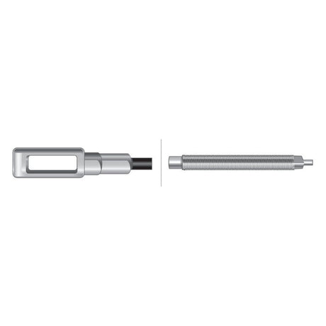 A split image depicting two metal components: the left side showcases a Sparex PTO Clutch Cable (Part No. S.57321) with a looped end on a black cable, featuring a length of 954mm and an outer cable length of 654mm, while the right side presents a threaded rod.