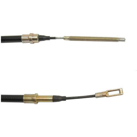 Two sections of the Sparex PTO Clutch Cable assembly (Part No. S.57321), measuring a total length of 954mm and an outer cable length of 654mm, one featuring a threaded terminal and the other a rectangular loop connector, are connected by black sheathing.