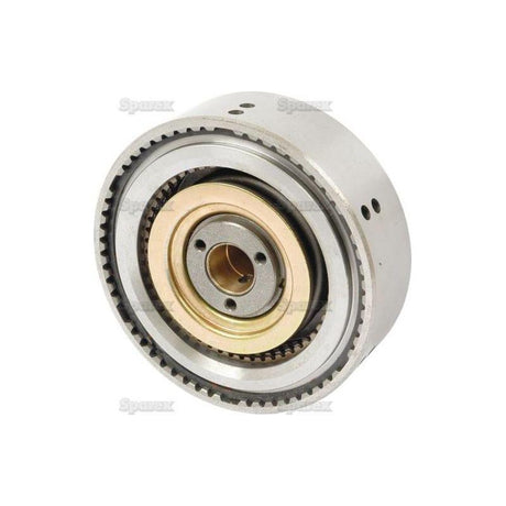 Close-up of a mechanical gear with multiple rings and a central hole, showcasing intricate metal components, similar to what you'd find in the Sparex PTO Clutch Pack (Sparex Part No. S.73595).