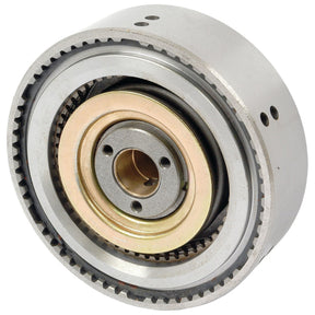 Close-up of a mechanical gear assembly with multiple interlocking gears and a central hole, akin to the precision found in the Sparex PTO Clutch Pack (Part No. S.73595). The outer casing is metal, displaying fine details and meticulous engineering.