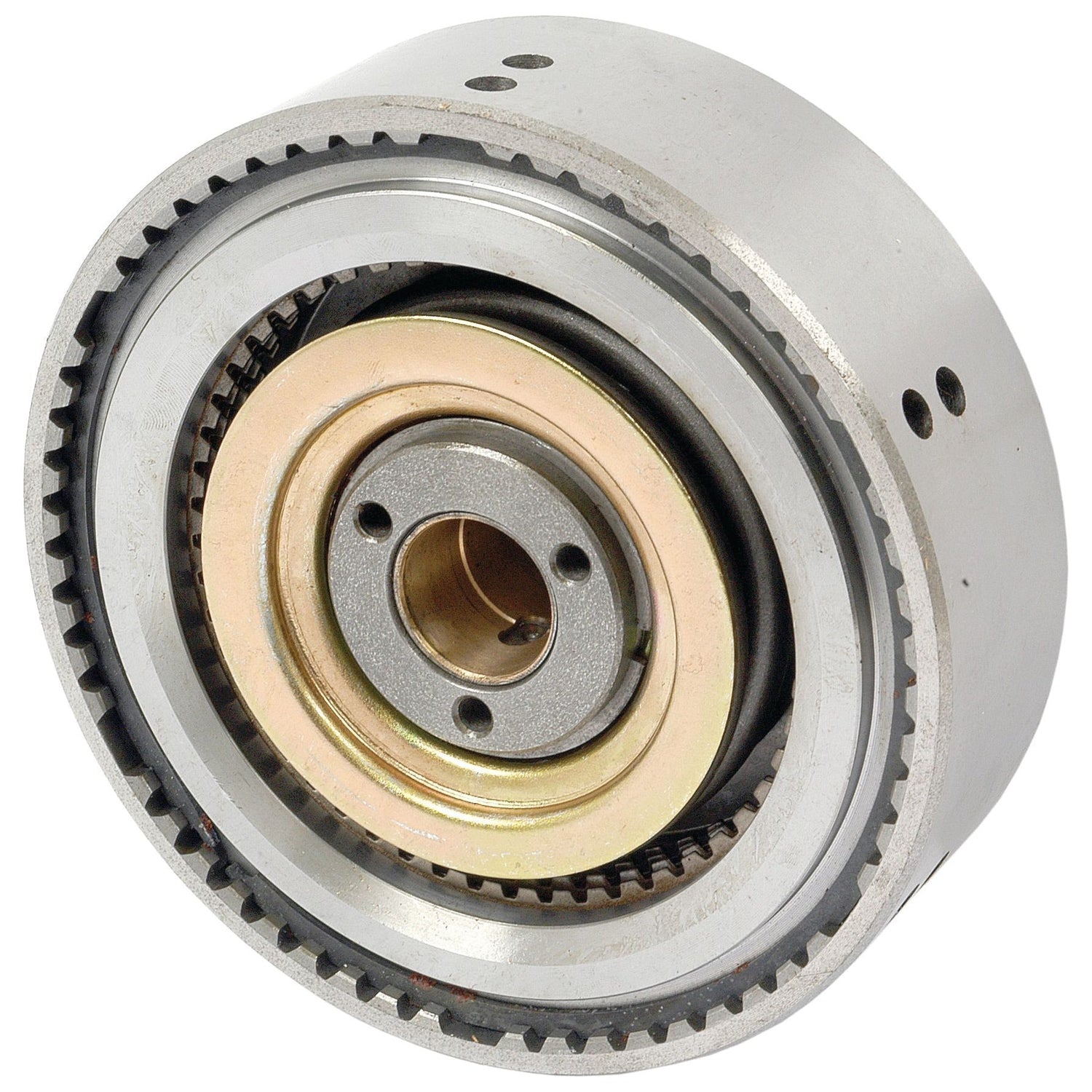 Close-up of a metallic mechanical gear with interlocking teeth and a central bore, showcasing its internal gear components, reminiscent of the precision found in Sparex PTO Clutch Pack (Sparex Part No. S.73595) systems from Case IH International Harvester.