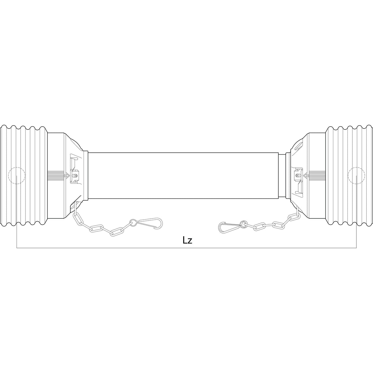 Technical diagram of a cylindrical object with ribbed ends and chains attached on both sides. The label "Lz" indicates a length dimension of 1010mm, depicted as the PTO Guard - Easylock, Size: Extra Large by Sparex (Sparex Part No. S.59617).