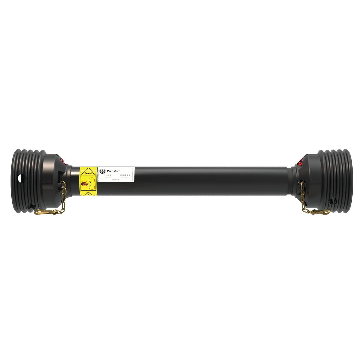 A black drive shaft with ribbed ends, safety warning labels, and metal brackets on each end, featuring the Sparex PTO Guard - Easylock (Lz) Length: 1010mm, Size: Extra Large (Sparex Part No. S.59617) for added safety, photographed against a white background.