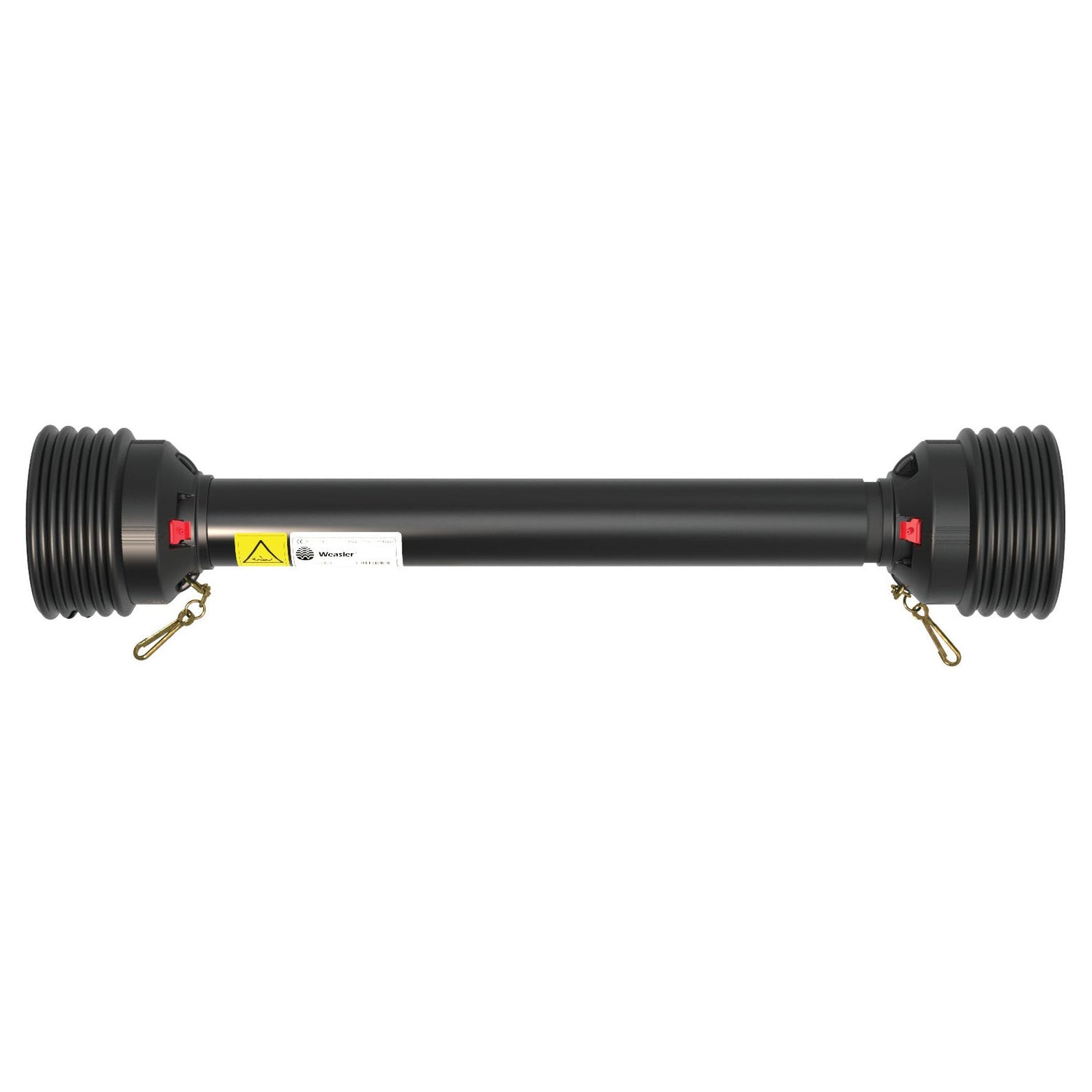 Introducing the Sparex Extra Large PTO Guard - Easylock (Lz), measuring 1510mm in length. This black cylindrical mechanical component features round ends and metal clasps on both sides, along with a warning label in the middle to ensure enhanced safety during operation. Sparex Part No.S.59623.
