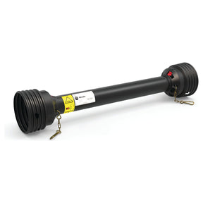 The PTO Guard - Easylock from Sparex, featuring a black cylindrical design with ribbed ends, connection points, and a yellow caution label on the side, is designed for industrial use and is 710mm in length. It is compatible with Easylock systems and has a Sparex Part No. of S.59620.