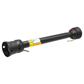 The Sparex PTO Guard - Easylock - Wide Angle is a black, large cylindrical mechanical component measuring 1510mm in length. It features labels, safety warnings, and metal attachment points on both ends and incorporates an Easylock system for added security. (Sparex Part No.S.117969)