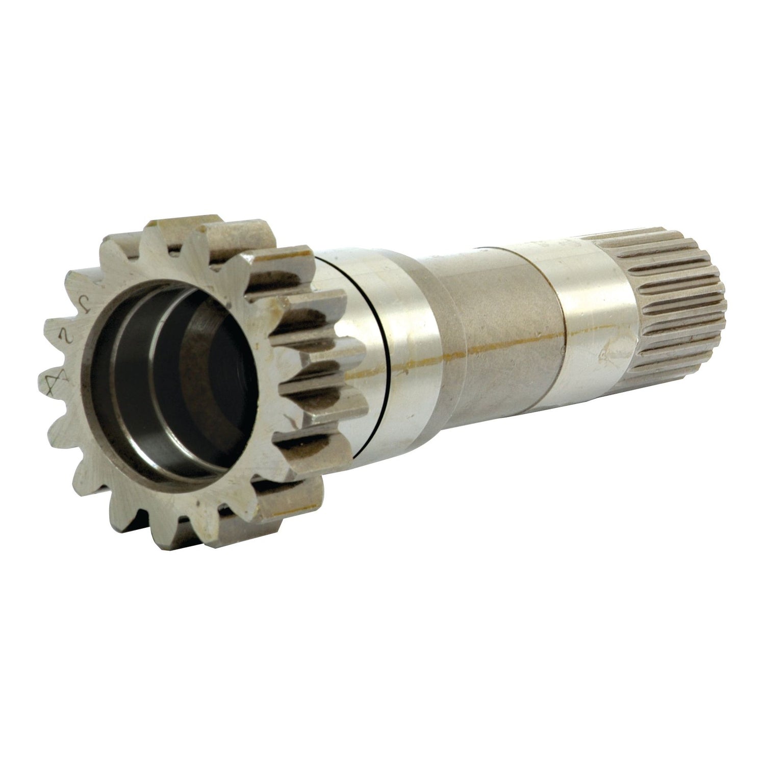 The PTO Input Shaft - S.40775 by Sparex is a silver cylindrical metal gear featuring teeth on one end, splines along its length, and ridges throughout, designed for use in machinery or automotive applications.