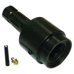 Close-up of a Sparex PTO Over-Running Adaptor - Female spline 1 3/8'' - 6 x Male spline 1 3/8'' - 6 with Locking Pin (Model S.15514) in black, cylindrical shape next to a small metal pin and fitting.