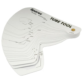 A collection of white "PTO Plastic Swatch for Tubing" templates, from the brand Sparex (Part No. S.3844), designed for measuring and shaping tubing with various sized holes and measurements indicated on each template.