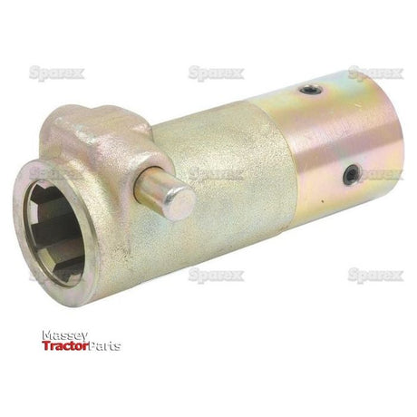 A metal cylindrical tractor part with a bolt and hexagonal opening, designed as a PTO Pump Adaptor for up to 70HP tractors, featuring text that reads "Sparex - Massey Tractor Parts". The product name is PTO Pump Adaptor - Bore ⌀15/16'' x Female spline 1 3/8'' - 6 with Grub Screw. - S.15229.