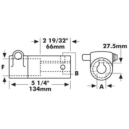 Technical drawing of the PTO Pump Adaptor (Product Name: PTO Pump Adaptor - Bore ⌀15/16'' x Female spline 1 3/8'' - 6 with Grub Screw. - S.15229, Brand Name: Sparex) with dimensions marked. Length is 134mm, width is 66mm, and diameter is 27.5mm. Other dimensions labeled F, B, and A are also indicated. Suitable for standard duty applications up to 70HP.

