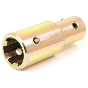 Introducing the Sparex PTO Pump Adaptor (Sparex Part No.S.4983): A high-quality metal joint featuring a polished finish, multiple hexagonal holes, and a grub screw for secure attachment. This adaptor has a bore diameter of 7/8'' and a female spline of 1 3/8'' - 6 for versatile connectivity.