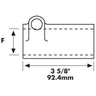 Diagram showing a rectangular cut of material with labeled dimensions. Width is 3 5/8 inches (92.4 mm). Another dimension labeled “F” indicates the height but value not specified, incorporates a Sparex PTO QR Sleeve - Female spline 1 3/8'' - 6 with Quick Release Pin (Sparex Part No.S.4467) for easy adjustments.