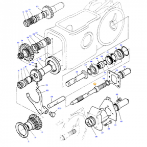 Detailed technical diagram of an AGCO Massey Ferguson PTO Shaft (Product Code: 3614609M2) assembly, showcasing various labeled components including gears, shafts, and housing parts.