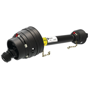The Sparex Weasler PTO Shaft - EUCV Wide Angle - One End, featuring a length of 1010mm and 1 3/8'' x 6 Spline with an 80° wide angle to 1 3/8'' x 6 Spline Quick Release, is a black agricultural driveline shaft with protective covers and red locking mechanisms on both ends, adorned with a yellow warning label for safety, designed for reliable torque performance.