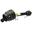 A Sparex Weasler PTO Shaft - EUCV Wide Angle - One End, featuring a 1 3/8'' x 6 spline 80° wide angle to a 1 3/8'' x 6 spline quick release connection, with protective covers and chain attachments on both ends (Lz length: 1210mm), designed for transferring mechanical power from a tractor to an implement (Sparex Part No. S.39028).