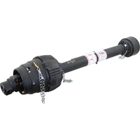 Image of the Sparex PTO Shaft - EUCV Wide Angle - One End, 1 3/8'' x 6 Spline 80° W.A. to 1 3/8'' x 6 Spline Q.R., with a length of 970mm and featuring protective coverings and attached safety chains on both ends.