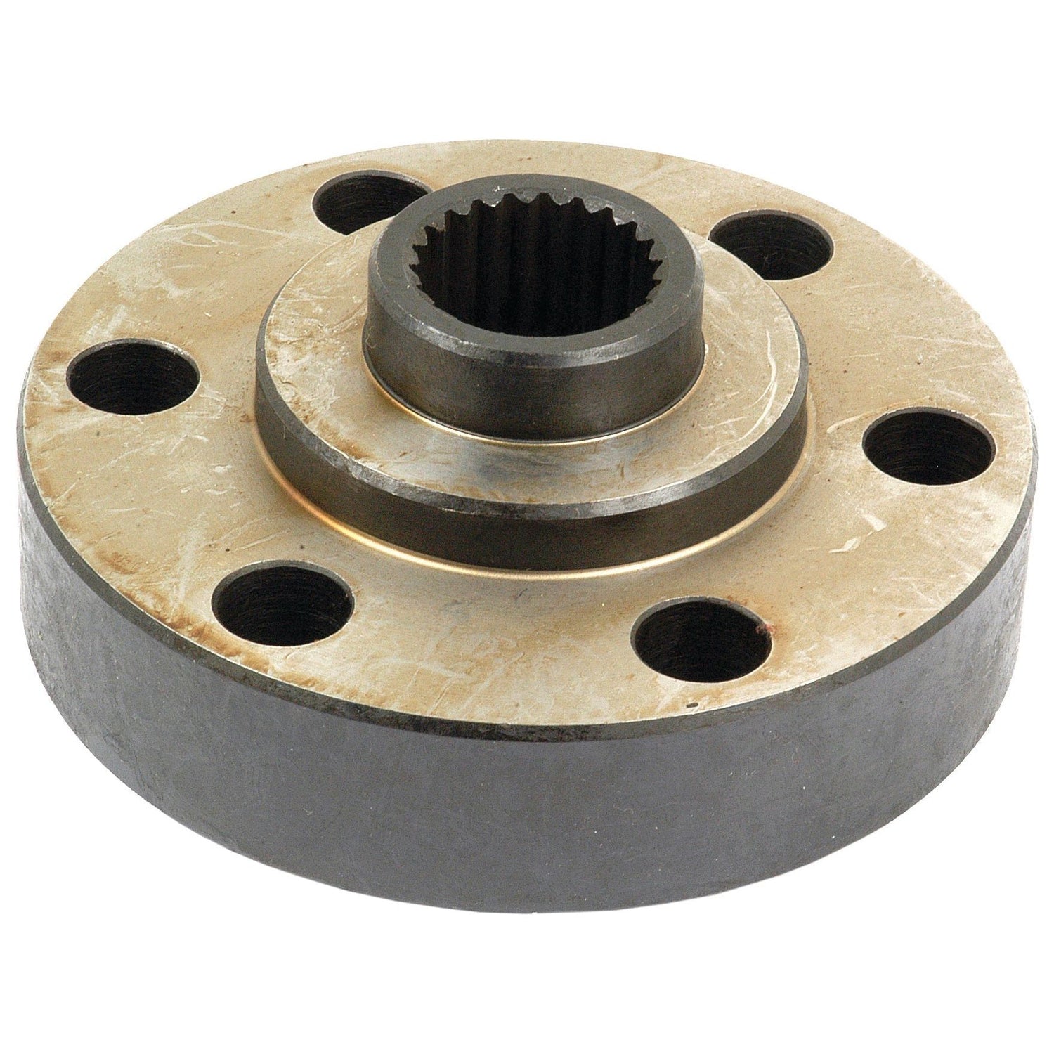 The Sparex PTO Drive Hub (Part No. S.43159) is a metal flange with multiple bolt holes and a central splined hole featuring 22 splines, making it ideal for mechanical connections compatible with Ford / New Holland machinery.