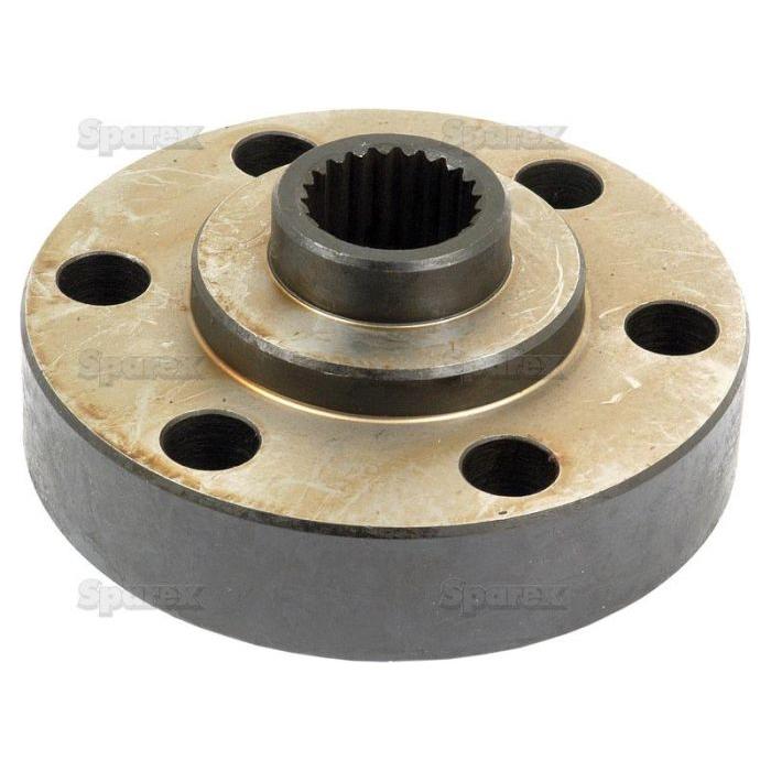 The PTO Drive Hub (Sparex Part No.S.43159), a metallic flanged hub featuring five holes and a central 22-spline configuration, showcases a wear patina in silver and bronze hues, indicative of the durable parts commonly utilized in Ford / New Holland machinery.