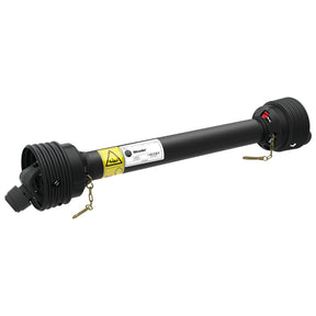 The Sparex PTO Shaft (Lz) Length: 1010mm, 1 3/8'' x 6 Spline Q.R. to 1 3/8'' x 6 Spline Q.R. - S.26366 is shown in black, complete with protective covers and safety warning labels, sporting the Italian Series AB1/A1 design.