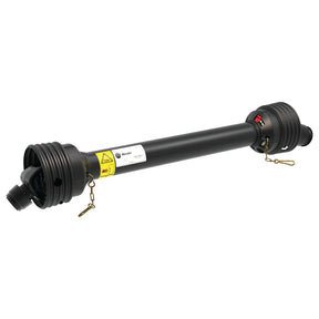 Image of a black Weasler PTO Shaft from Sparex, featuring safety chains and protective covers on both ends. Designed for transferring mechanical power from a 52HP tractor to an implement or attachment, the shaft has universal joint dimensions ensuring compatibility. The shaft measures 1210mm in length and connects via a 1 3/8'' x 6 spline Q.R. to a 1 3/8'' x 6 spline overrunning clutch (clockwise) - Model S.39035.