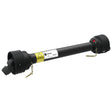 A Sparex Weasler PTO Shaft - (Lz) Length: 1210mm, 1 3/8'' x 6 Spline Q.R. to 1 3/8'' x 6 Spline Q.R. - S.39007 in black, equipped with protective covers, safety warning labels, and two connecting ends featuring locking pins.