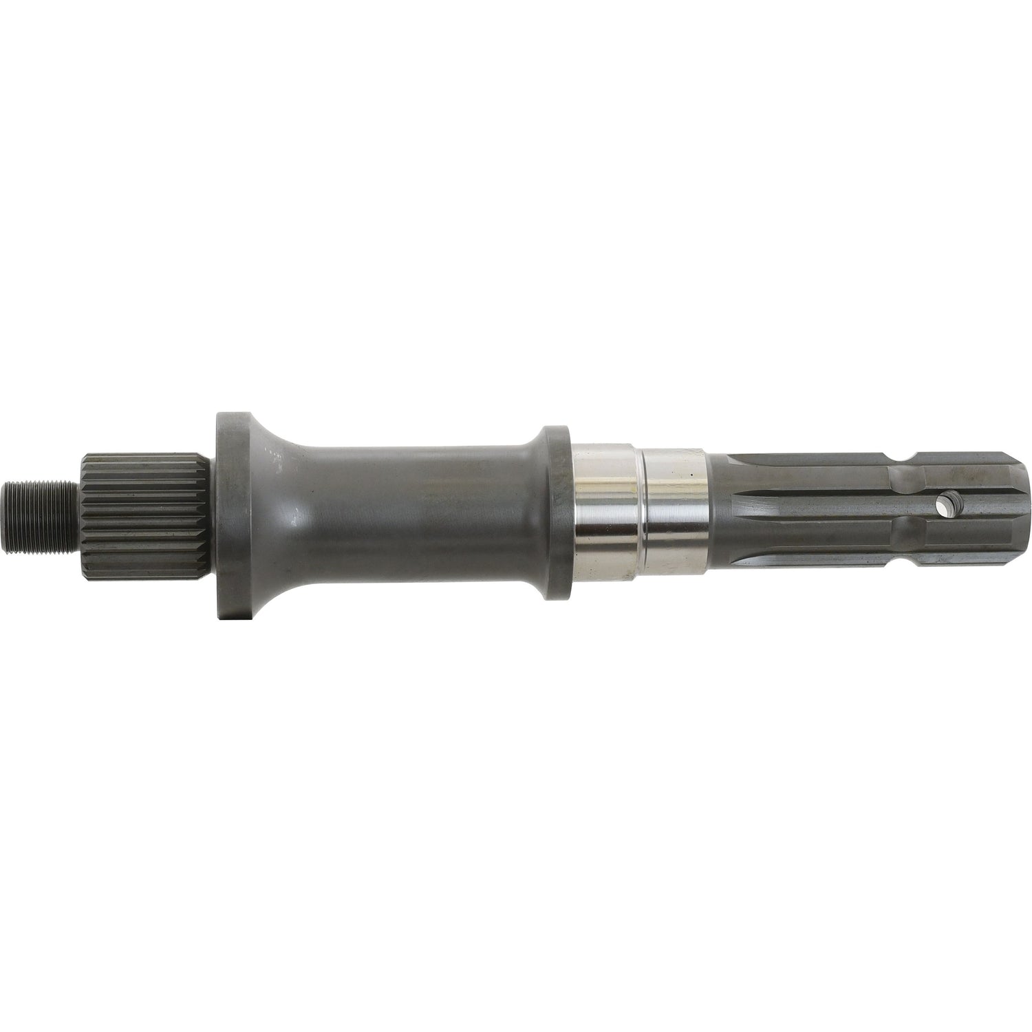 The PTO Shaft - S.16039 by Sparex is a metal component featuring a threaded end, a smooth cylindrical middle section, and a ridged end with two circular cutouts, specifically designed for Single Speed 540 RPM PTO Shaft applications.