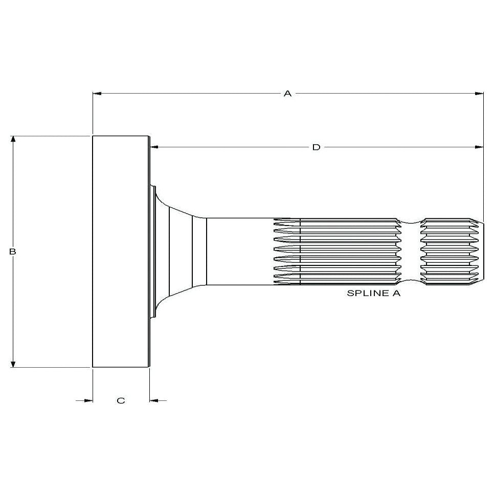 Technical drawing of a mechanical component featuring a cylindrical shaft with splines on one end, detailed measurements labeled as A, B, C, and D, indicating dimensions and spline specifications. This PTO Shaft - S.260165 by Sparex is designed to operate efficiently at 1000 RPM.